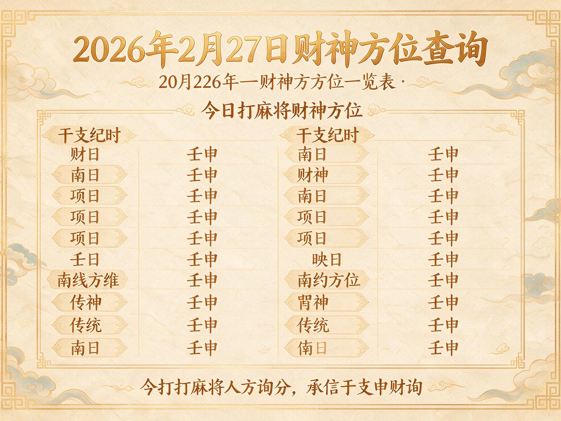 2026年2月27日财神方位查询 今日打麻将财神方位一览表 2026年2月27日财神方位查询 今日打麻将财神方位一览表