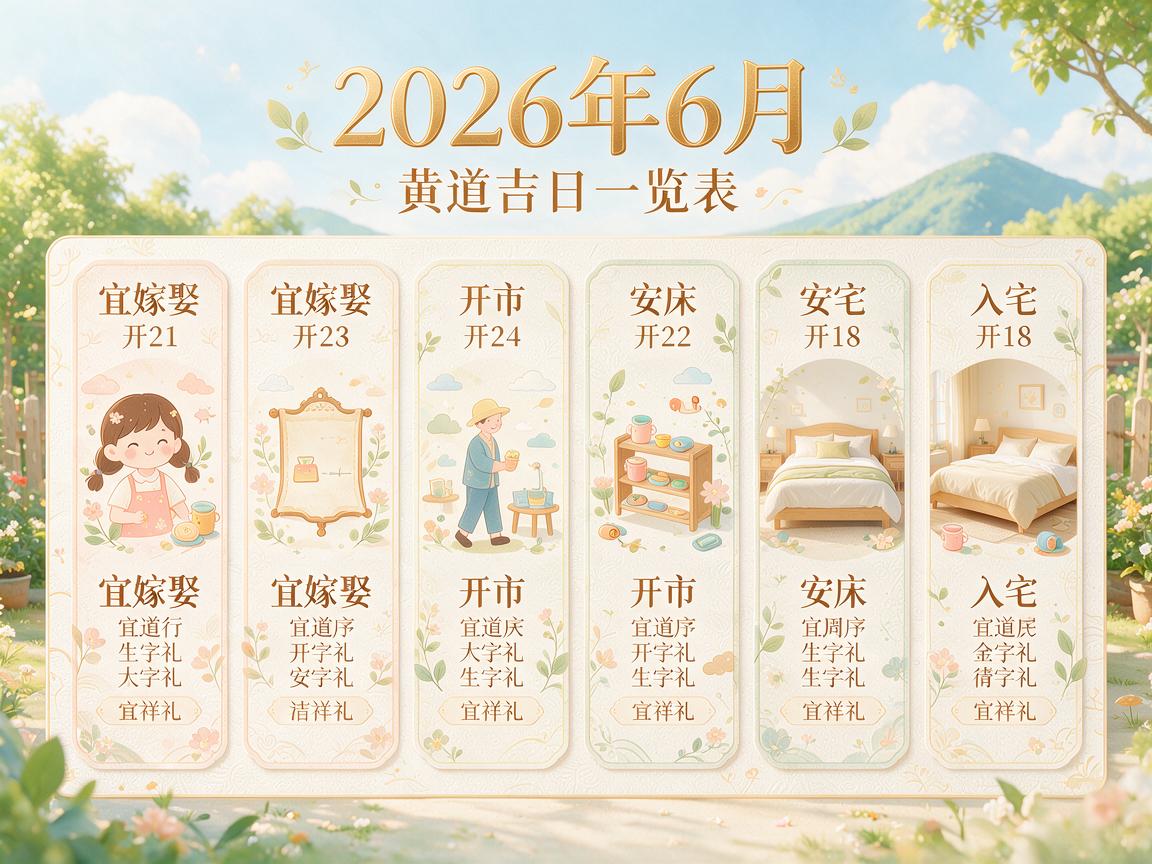 6月份黄道吉日一览表2026年 2026年6月黄道吉日表